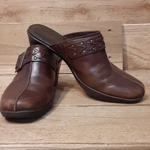 Clarks Brown Leather Mules